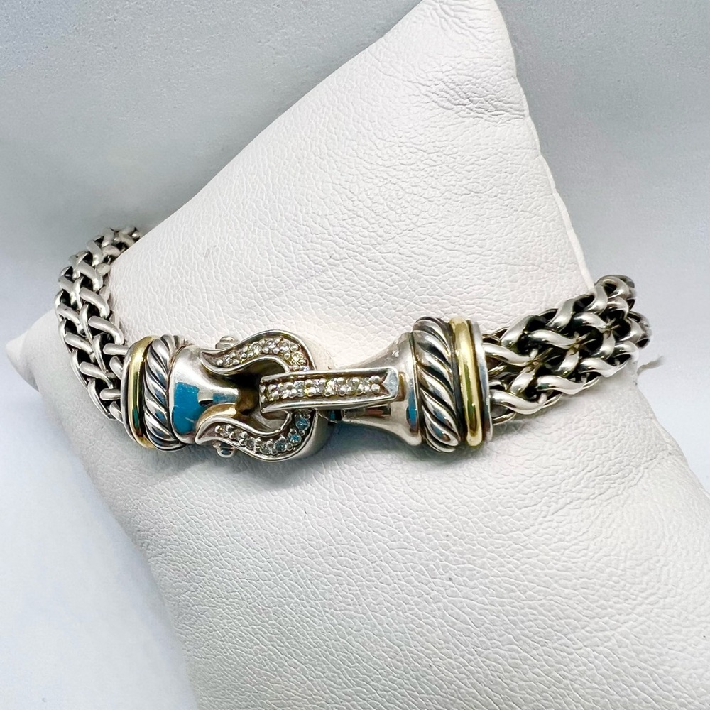 David Yurman Sterling Silver 18K Gold Diamond Buckle Wheat Chain Bracelet
